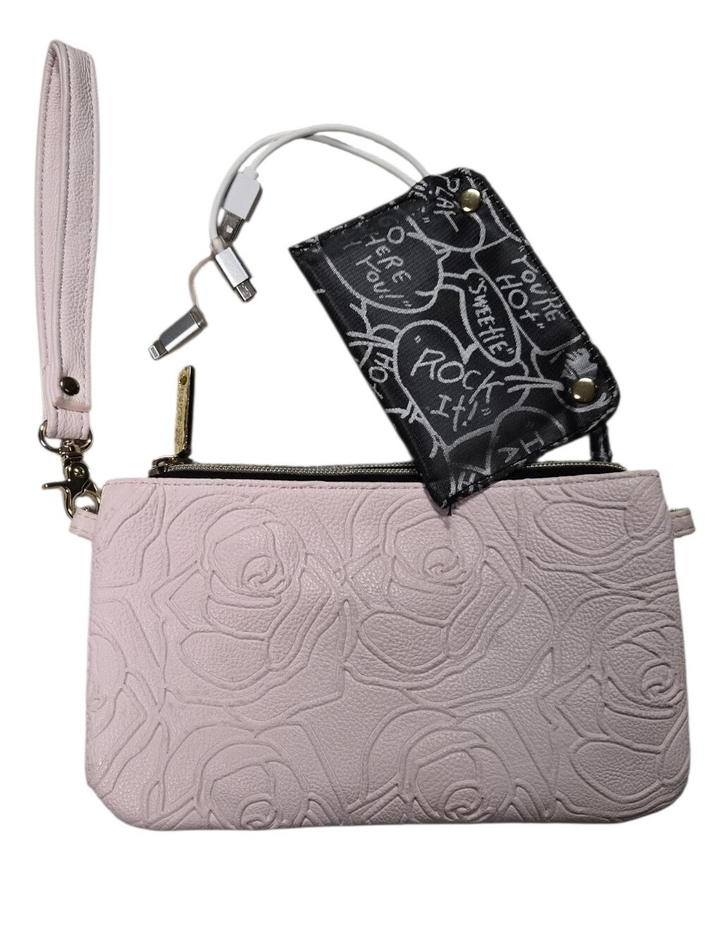 Betsey Johnson Blush Pink Floral Embossed Wristlet Clutch Wallet w/ Strap